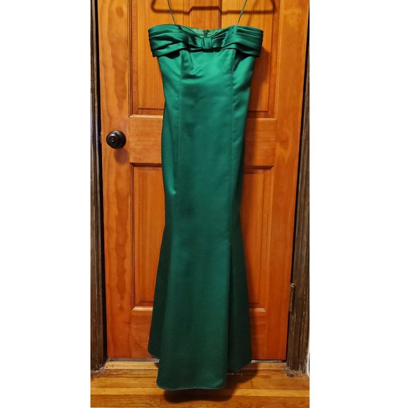 Badgley Mischka Satin Strapless Mermaid Gown with Bow Detail, Green - 4 - Picture 2 of 4